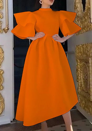 Damen Sommer Orange Modest Rollkragen Halbarm Solid Cascading Ruffle Maxi Skater Dress