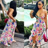 Women Summer Pink Casual Halter Sleeveless Floral Print Hollow Out Midi Asymmetrical Holiday Dress