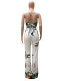 Women Summer White Casual Strap Sleeveless High Waist Floral Print Belted Loose Two Piece Pants Set