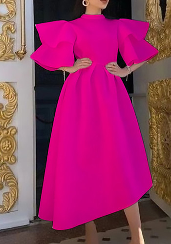 Damen Sommer Rose Modest Rollkragen Halbarm Solid Cascading Ruffle Maxi Skater Dress