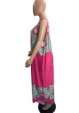 Women Summer Pink Casual V-neck Sleeveless Floral Print Full Length Loose Plus Size Jumpsuit