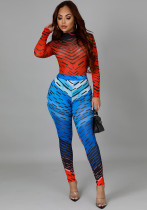 Women Summer Red Casual Turtleneck Full Sleeves High Waist Printed Skinny Two Piece Pants Set