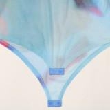 Women Summer Blue Casual Turtleneck Full Sleeves High Waist Printed Skinny Two Piece Pants Set