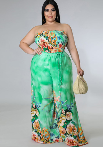 Women Summer Green Casual Strapless Sleeveless Floral Print Pockets Full Length Loose Plus Size Jumpsuit