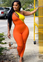 Damen Sommer Orange Modest Slash Neck Ärmellos Farbblockierende Reißverschlüsse Ganzkörper Skinny Jumpsuit
