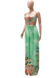 Women Summer Green Casual Strapless Sleeveless Floral Print Pockets Full Length Loose Plus Size Jumpsuit