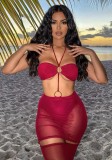 Women Summer Red Sexy Halter Sleeveless Solid Ripped Midi Sheath Plus Size Long Dress