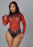 Women Summer Red Casual Turtleneck Full Sleeves High Waist Printed Skinny Two Piece Pants Set
