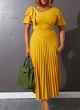 Women Summer Yellow Modest V-neck Short Sleeves Solid Cascading Ruffle Maxi Dress