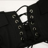 Women Summer Black Sexy Strap Sleeveless High Waist Solid Lace Up Regular Two Piece Pants Set