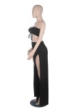Women Summer Black Casual Strapless Sleeveless High Waist Solid Lace Up Regular Two Piece Pants Set