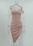 Women Summer Pink Modest Halter Short Sleeves Solid Satin Pleated Asymmetrical Evening Dress
