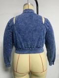 Women Autumn Blue Casual Turtleneck Full Sleeves Solid Denim Hollow Out Short Plus Size Tops