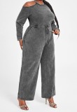 Women Summer Grey Casual O-Neck Full Sleeves Solid Denim Pockets Full Length Loose Plus Size Jumpsuit