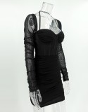 Women Summer Black Modest Halter Full Sleeves Solid Pleated Mini Bodycon Dress