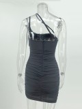 Women Summer Grey Modest Strap Sleeveless Solid Pleated Mini Bodycon Dress