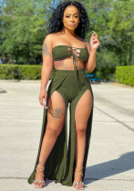 Frauen-Sommer-Grün-beiläufiges trägerloses ärmelloses hohes Taillen-festes Schnüren oben regelmäßiges zweiteiliges Hosen-Set