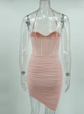 Women Summer Pink Romantic Halter Sleeveless Solid Pleated Knee-Length Bodycon Dress