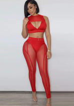 Conjunto de pantalones ajustados de dos piezas para mujer, de verano, rojo, Sexy, cuello redondo, sin mangas, cintura alta, malla de retazos, calado