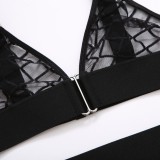 Women Summer Black Sexy Solid Mesh Garter Garter Lingerie Set