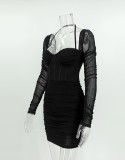 Women Summer Black Modest Halter Full Sleeves Solid Pleated Mini Bodycon Dress