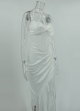 Women Summer White Modest Halter Short Sleeves Solid Satin Pleated Asymmetrical Evening Dress