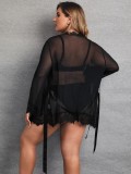 Women Summer Black Mesh Lace Three Piece Sexy Sleepwear