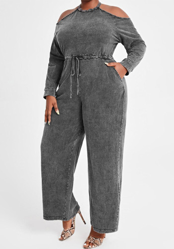 Женский летний серый повседневный комбинезон с круглым вырезом и длинными рукавами, сплошные джинсовые карманы, полная длина, свободный комбинезон большого размера