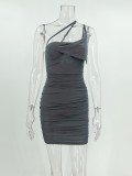 Women Summer Grey Modest Strap Sleeveless Solid Pleated Mini Bodycon Dress