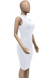 Women Summer White Modest Turtleneck Sleeveless Solid Pleated Sheath Midi Dress