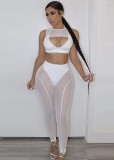 Women Summer White Sexy O-Neck Sleeveless High Waist Patchwork Mesh Hollow Out Skinny Two Piece Pants Set