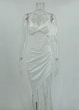 Women Summer White Modest Halter Short Sleeves Solid Satin Pleated Asymmetrical Evening Dress