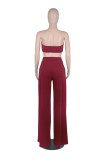 Women Summer Red Casual Strapless Sleeveless High Waist Solid Lace Up Regular Two Piece Pants Set
