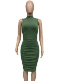 Women Summer Green Modest Turtleneck Sleeveless Solid Pleated Sheath Midi Dress