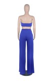 Women Summer Blue Casual Strapless Sleeveless High Waist Solid Lace Up Regular Two Piece Pants Set