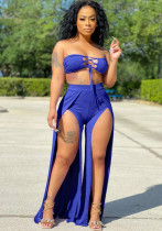 Frauen Sommer blau lässig trägerlos ärmellos hohe Taille feste Schnürung regelmäßige zweiteilige Hosen Set