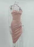 Women Summer Pink Modest Halter Short Sleeves Solid Satin Pleated Asymmetrical Evening Dress