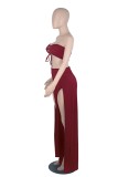 Women Summer Red Casual Strapless Sleeveless High Waist Solid Lace Up Regular Two Piece Pants Set