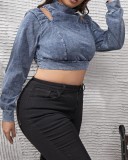 Women Autumn Blue Casual Turtleneck Full Sleeves Solid Denim Hollow Out Short Plus Size Tops