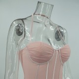 Women Summer Pink Romantic Halter Sleeveless Solid Pleated Knee-Length Bodycon Dress