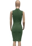Women Summer Green Modest Turtleneck Sleeveless Solid Pleated Sheath Midi Dress