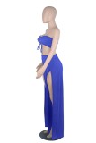 Women Summer Blue Casual Strapless Sleeveless High Waist Solid Lace Up Regular Two Piece Pants Set