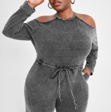Women Summer Grey Casual O-Neck Full Sleeves Solid Denim Pockets Full Length Loose Plus Size Jumpsuit