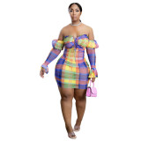 Women Summer Off shoulder tube top printing sexy mesh dress