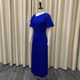 Women Summer Blue Modest V-neck Short Sleeves Solid Cascading Ruffle Maxi Dress