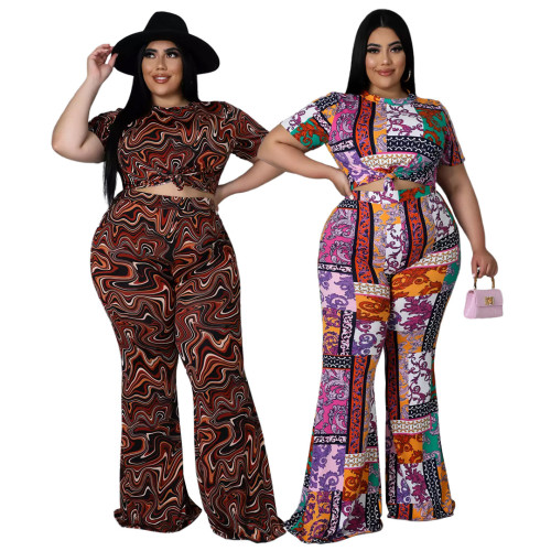Conjunto de dos piezas de pantalones acampanados de manga corta con estampado de moda para discoteca para mujer de talla grande a la moda