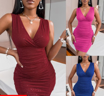 Damenbekleidung einfarbiges dünnes Kleid mit V-Ausschnitt