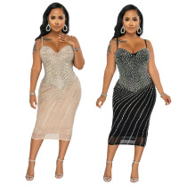 модное сексуальное прозрачное платье с V-образным вырезом и бисером для ночного клуба