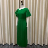 Women Summer Green Modest V-neck Short Sleeves Solid Cascading Ruffle Maxi Dress