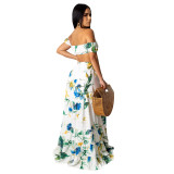 Women summer hot print short-sleeved sexy tube and slit long dress ladies two piece set